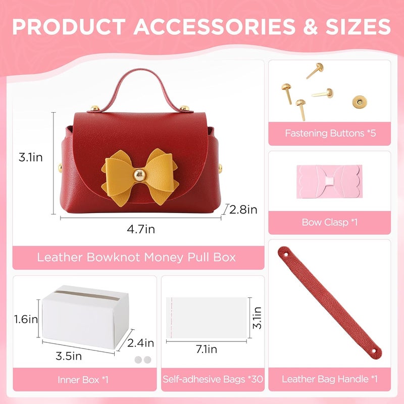 SESENSE Money Box for Cash, Leather Bowknot Money Pull Box for Cash Surprise Box Mini Bags with 30 Pcs Transparent Bags for Christmas Party Birthday - Image 3